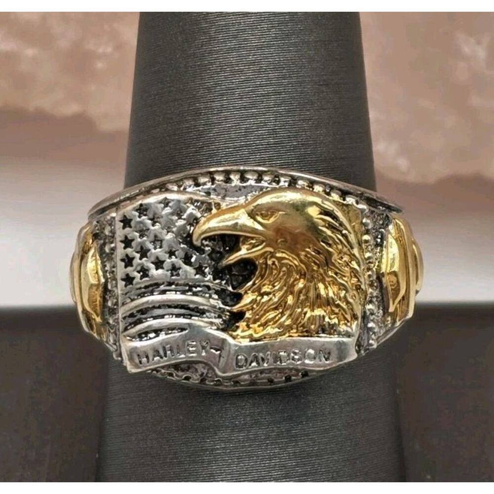 HARLEY DAVIDSON STERLING SILVER GOLD INLAY EAGLE BIKER'S MEN'S RING SIZE 9.25